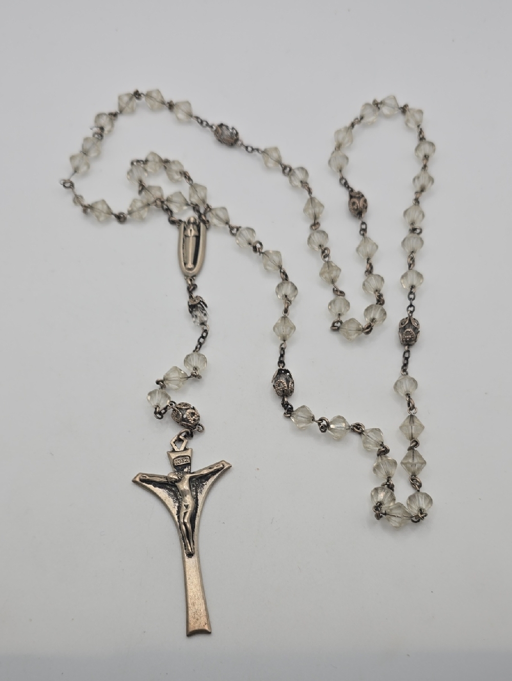 Vintage Sterling Silver Clear Faceted Glass Bead Rosary